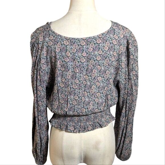 American Eagle Floral Cinched Waist Long Sleeve Cropped Boho Top - Picture 3 of 5